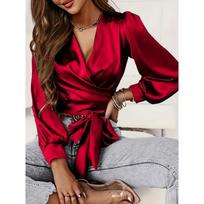 New Belted Cross Collar Shirt Elegant Long Sleeve Short Shirt for Spring and Autumn S