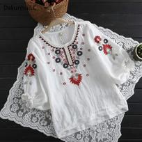Blusas Moterys Vasaros moteriškos palaidinės marškinėliai Mori Girl Saldus Gėlėtas Siuvinėjimas Žibintas Rankovės Medvilnė Lininė Palaidinė Viršutiniai Moteriški M balta