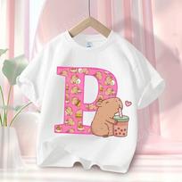 Capibara Cute T-shirt Kids Anime Capybara Letter A-Z Tees Girls Summer Short Sleeve Cotton 110