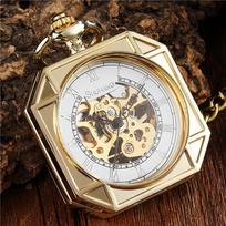 Luxury Golden Square Design Mechanical Pocket Watch with FOB Chain Sculpture Skeleton Steampunk Hand Wind Mechanical Mens Watch auksas