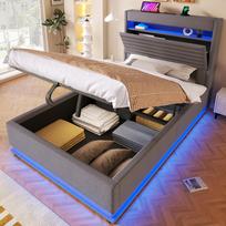 Upholstered Bed, 90x200cm, USB Type-C Charging, LED Lighting, Hydraulic Storage, Flip-top Compartment, No Mattress, Button/App Control, Linen, Gray 218 x 92.5 x 113 cm pilka