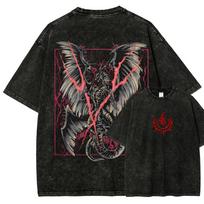 Vintage Washed Oversized Crewneck T Shirt Print Dragon Lightning Demon Wing Graphic Y2K Goth Streetwear Loose Casual Tee for Men Women Punk Fans L