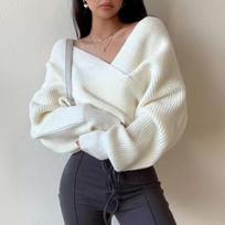 Women V Neck Cross Details Off Shoulder Knit Sweater Casual Pullover Top Losoe Autumn Winter Loose Sexy Sweet Elegant Knitted Tops S white