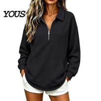 Pullover Top with Pocket Women Half-zip Waffle Sweatshirt, Long Sleeve Kangaroo Comfortable Pockets Pocket, Loose Fit Casual Lapel for Fall S tamsiai mėlyna spalva