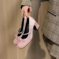 Round head bow design sense rhinestone word with high heels Mary Jane shoes spring and autumn new fairy style shoes 35 rožinė