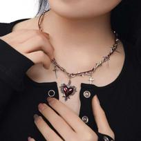 Y2K Spicy Girl Sliver Color Thorn Winding Cross Tassel Red Drip Glaze Heart Pendant Necklace for Women Personality Punk Jewelry brown