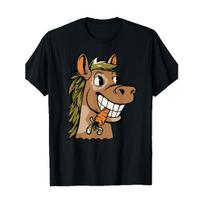Funny Horse with Carrot Graphic T-Shirt - Black Casual Short Sleeve Tee for Men & Women, Cotton 220gsm, Regular Fit Round Neck, All-Season Comfort, S juoda