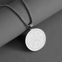 Retro Buddha Amulet Pendant Manjushri Bodhisattva Sutra Round Plate Titanium Steel Necklace 60CM gray