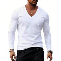 Mens V Neck Solid Color Large Size Casual Long Sleeve T Shirt Basic Daily Top S balta