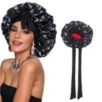 Printed Double-Layer Satin Sleep Cap with Wide Elastic Band
