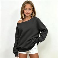 Merginos Off-Shoulder Hoody Mielas Laisvas Lengvas Spalvotas Ilgomis Rankovėmis Laisvalaikio Viršus 150 juoda