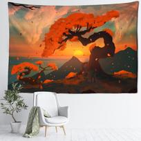 Saulėlydžio animacinis miško gobelenas sienai Kawayi bohemiškas tropinis meno peizažas miegamojo paprastas namų dekoras 95x70CM red