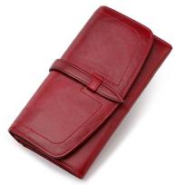 European & American Women's RFID Genuine Leather Long Zipper Wallet, Large Capacity Top Layer Cowhide Handbag raudona