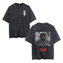 Vintage Washed Oversized Anime Berserk Guts T-shirt Couple's Tee Men Women Harajuku Cotton Casual Short Sleeve Streetwear Unisex L