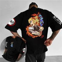 Demon Slayer Anime Rengoku Kyoujurou Surrounding T-shirt Summer Men's and Women's Harajuku Loose Large Casual Short Sleeved Top XS