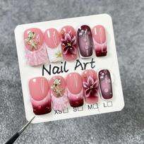 Handcrafted Press-On Nails With Gradient Nude Wine Red Floral 3D Embossed Design Ocean-Inspired Chic Acrylic Tips Women Small pink