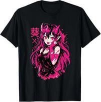 Anime Waifu Kawaii Demon Girl Black T Shirt 2XL pink