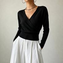 Women's Color Long Sleeve Cross Front Waist Tie Knit Top M