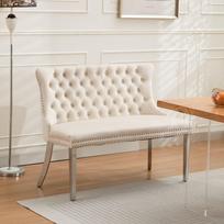 Velvet Dining Loveseat Bench, Tufted Bench w/Handmade Buttons, Wing Back, Brushed Silver Stainless Steel Legs, Mid Century Modern,Beige,DE1702BG 58 x 116 x 89.5 cm smėlis