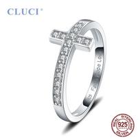 CLUCl Simple Silver 925 Cross Ring Jewelry for Women Sterling Silver Fashion Zircon Ring DR1044SB 6 white
