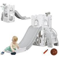 5-in-1 Children's Slide with Basketball Hoop, Telescope, Climber, and Lower Basket for Indoor Use, White and Gray