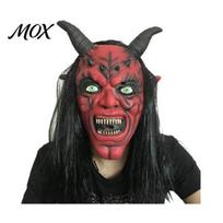 Satanic Cosplay Costume Props Halloween Satan Devil Mask, Realistic Full Head Latex with Long Flexible Horns And Fangs, Scary Party for Haunted House raudona