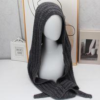 Cross-border hollow knitted hooded scarf integrated hat women's autumn and winter shawl hat ear protector headgear yak velvet scarf cap One size fits all gray