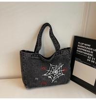 Vintage Gothic Anime Spider Web Printed Denim Bag Casual Commuter Large Capacity Shoulder Oblique Span Bag juoda