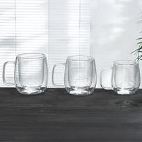 Dvigubos sienelės šilumą izoliuojanti borosilikatinio stiklo puodelis su rankena 250 ml white