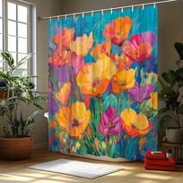 ~O~Vibrant Poppy Field Oil Painting Shower Curtain - Orange, Pink, Purple Flowers with Textured Blue Sky, Polyester,Bathroom Dec W90XH180cm