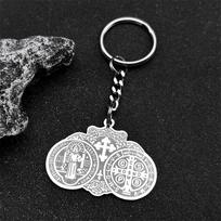 Catholic Saint Benedict Cross Medal Key Rings for Women Men Stainless Steel Gold Color Religious San Benito Key Chain Jewelry black