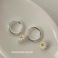 Sterling Silver Daisy Earrings with Resin Flower Backs - Pastoral Style 925 Sterling Silver