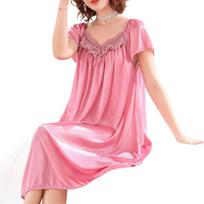 Women's Ice Silk Nightgown Sleepwear Round Neck Nightie Short Sleeves Nightshirt Summer Sleepwear Nightdress Sleep Dress pink
