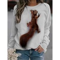 Animal squirrel 3D digital printing round neck sweatshirt fashionable personality long-sleeved round neck top for women S gray