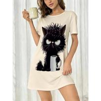 Women's Spring Summer White Sleep Dress Round Neck Short Sleeve Moody Fluffy Black Cat Coffee Mug Print L black