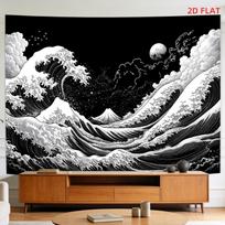 Dramatic Great Wave Japanese Tapestry Wall Hanging Anime Art Black and White Ocean Decor Ukiyo Style Living Room Home Decor 100X70CM gray
