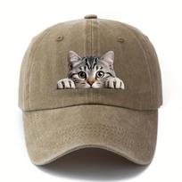 Cartoon Cat Pattern Retro Baseball Cap Outdoor Lightweight Duckbill Cap Travel Camping Fishing Truck Driver Father Duckbill Cap Adjustable chaki