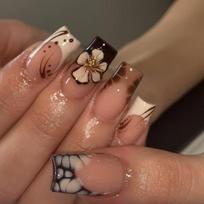 24Pcs Medium Square French Press On Nails 3D Flower Crocodile Pattern Detachable Full Cover Fake Nail Tips gray
