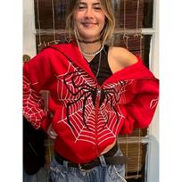 2026 Cross Border Spider Web Zipper Sweater Women's Casual Trendy Hoodie Spring and Autumn Fleece American Coat S red
