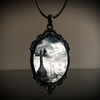 Gothic Cemetery Raven & Cross Glass Necklace with Decorative Frame and Wax Leather Cord