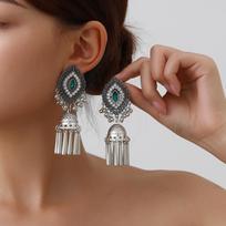 Cross-Border Retro Miao Silver Earrings with Peacock Bell Tassels and Hollowed Leaves