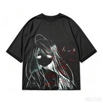 2026 New Oversized Sad Anime Girl Glitch Code Graphic‑Print Unisex Short‑Sleeve T‑Shirt, Grunge Harajuku Retro Casual Street‑Wear T-shirt S black