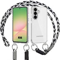 Dėklas Samsung Galaxy A56 5G, Skaidrus tvirtas apsauginis dėklas su juodai baltu dirželiu per petį balta