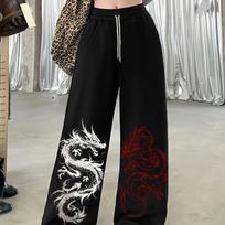 Black White and Red Double Dragon dark Printed Casual Pants for High Street Loose and Personalized Pants S