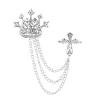 Men's Brooch Pin with Chain, British Crown Cross Angel Lapel Pin, Rhinestone Suit Badge with Tassel Chain for Men, Formal Wedding Party Suit Jacket gray