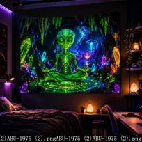 Trippy Cosmic Alien Wall Tapestry Neon Glowing Crystal Cave UFO Pattern Lightweight Fabric Banner Indoor Dorm Bar Decor 100X70CM blue