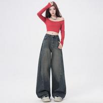 Women's Low Rise Wide Leg Jeans Baggy Pants Vintage Distressed Denim Streetwear Elegant Trousers For Autumn Winter XS