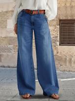 Women's Mid Rise Wide Leg Jeans Loose Flared Denim Pants Retro Solid Stretch Trousers Street Casual Long Denim Pants S