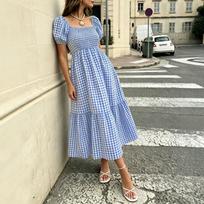 Women French Pastoral Vichy Gingham Midi Square Neck Puff Short Sleeve High Waist Tiered Cake Long Dress Casual Vacation Bohemian Ladies Summer Outfit S dangaus mėlyna spalva