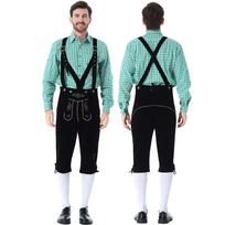 Men's German Bavarian Oktoberfest Costume Set Long Sleeve Plaid Shirt with Suspenders Pants, 2-Piece Outfit S blue
